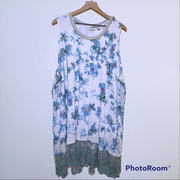 LOGO Lounge White Blue Floral Lace Sleeveless Top - Plus Size